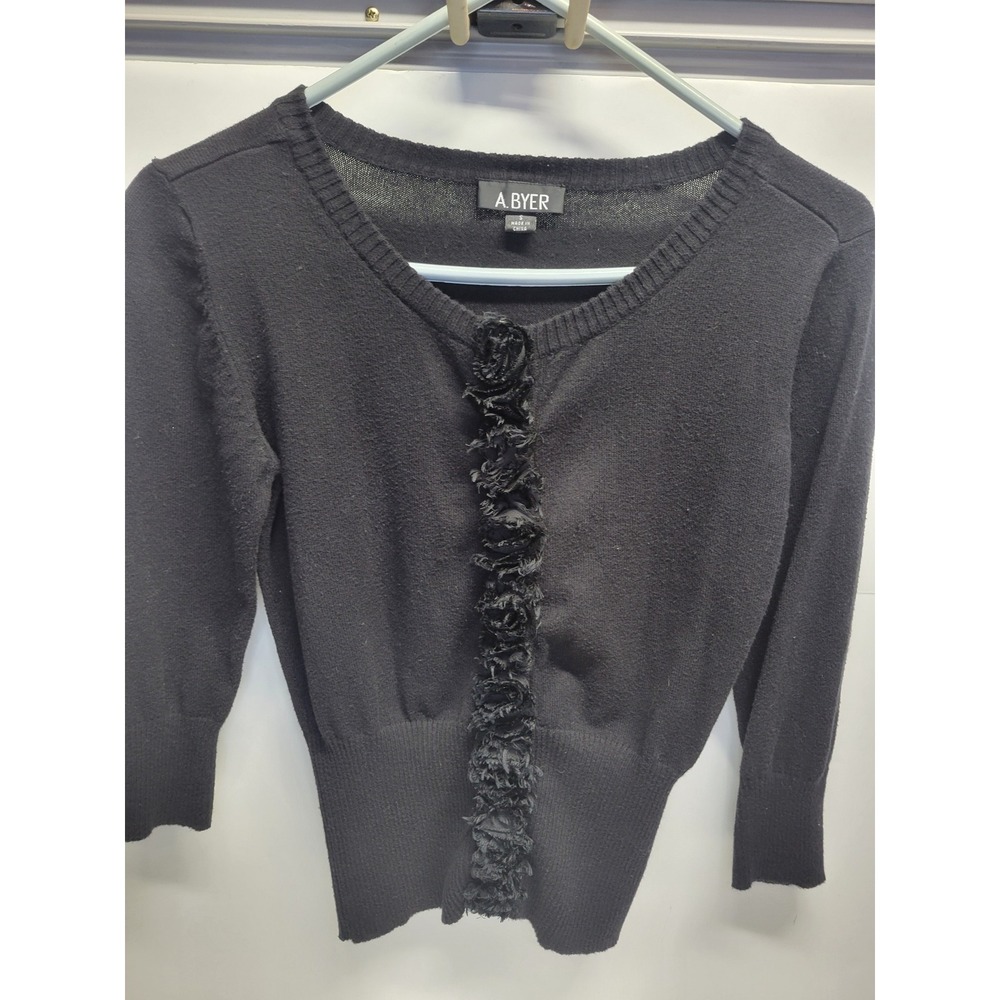 A BYER Black 3/4 Sleeve Button Front Cardigan with Ruffle Detail Women's Size‎ S